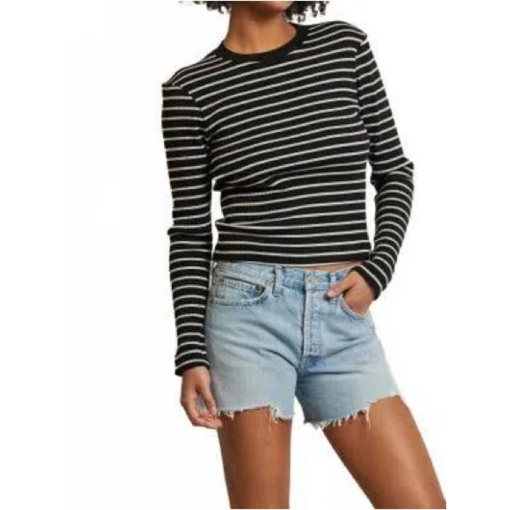Perfectwhitetee Clyde Long Sleeve Baby Tee Ribbed Striped Black White Size Small